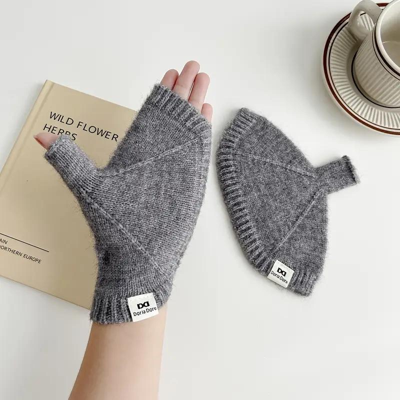 

Вязаные шерстяные перчатки без пальцев однотонные универсальные осенне-зимние толстые теплые с открытыми пальцами сенсорные студенческие рукава защита запястий 1 pair серый