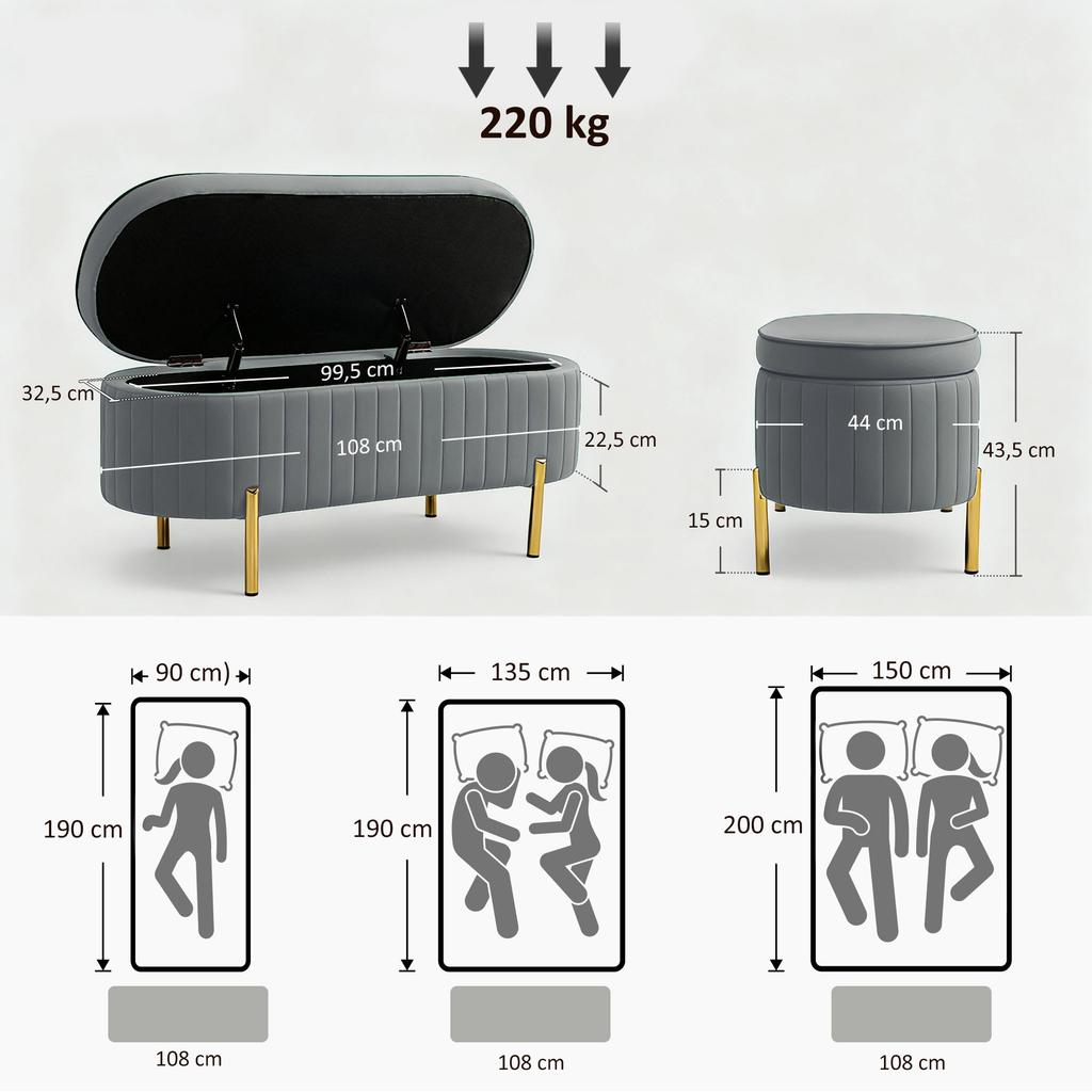 Bench with Flip-Top Lid and Storage Space, Fabric Cover, Wood, Metal, Grey+Gold-colored