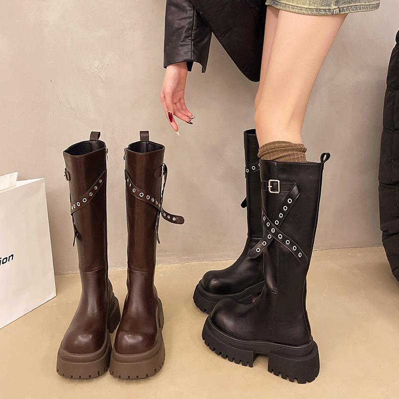 But Knee Boots Women's 2025 Autumn Explosion New Belt Buckle Handsome Heightening Tube Thick-soled Knight Boots Women's Boots