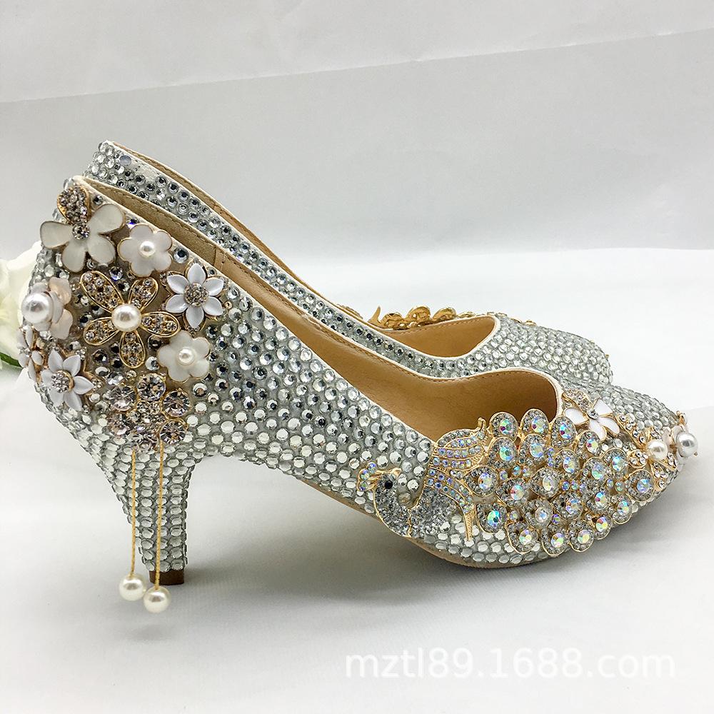 2025 silver rhinestone peacock high heels 5cm round head shallow mouth crystal women's shoes