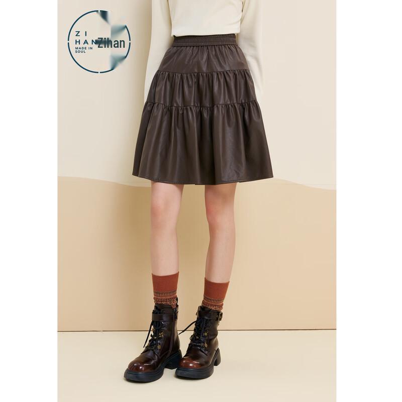ZIHAN Women's Retro Brown PU Leather High-Waist Pleated Mini Skirt