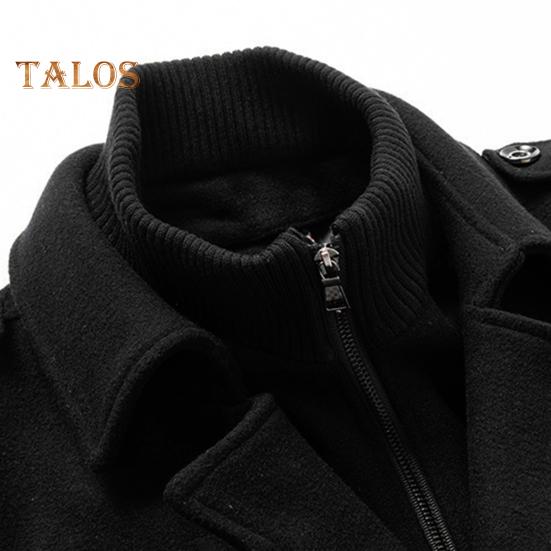 Men Woolen Coat Double Stand Collar Long Sleeve Single-Breasted Solid Color Jacket with Pockets Autumn Winter Mid-length Outwear