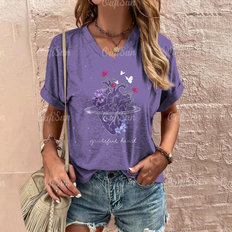 Women's T Shirt Fashion Butterfly Pattern Print Summer Short Sleeve Oversized Clothing Street Casual V Neck Female T-Shirt