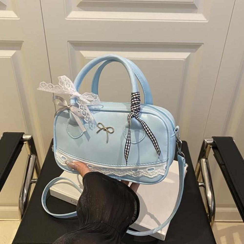 Lace Ribbon Boston Handbag Bow Small Square Bag All-Match Crossbody Bowling Bag Party
