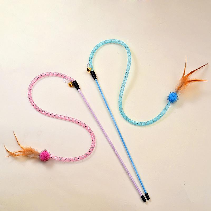 3pcs Mix Feather Teasing Cat Stick Elastic Mesh Tube With Feathered Furry Ball Cat Toy Rod Kitten Interactive Toys Pet Wand