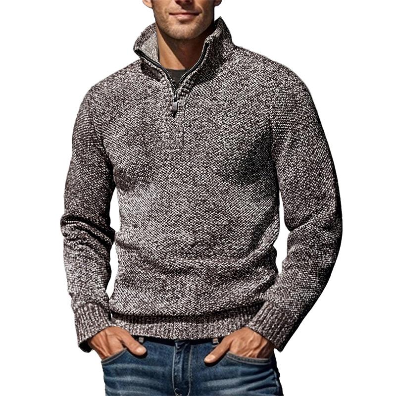 

Осень Зима Повседневный Однотонный Свитер на Полумолнии со Стойкой Воротником Винтажный Мужской Вязаный Приталенный Мужской Свитер Пуловеры XXXL кофейный