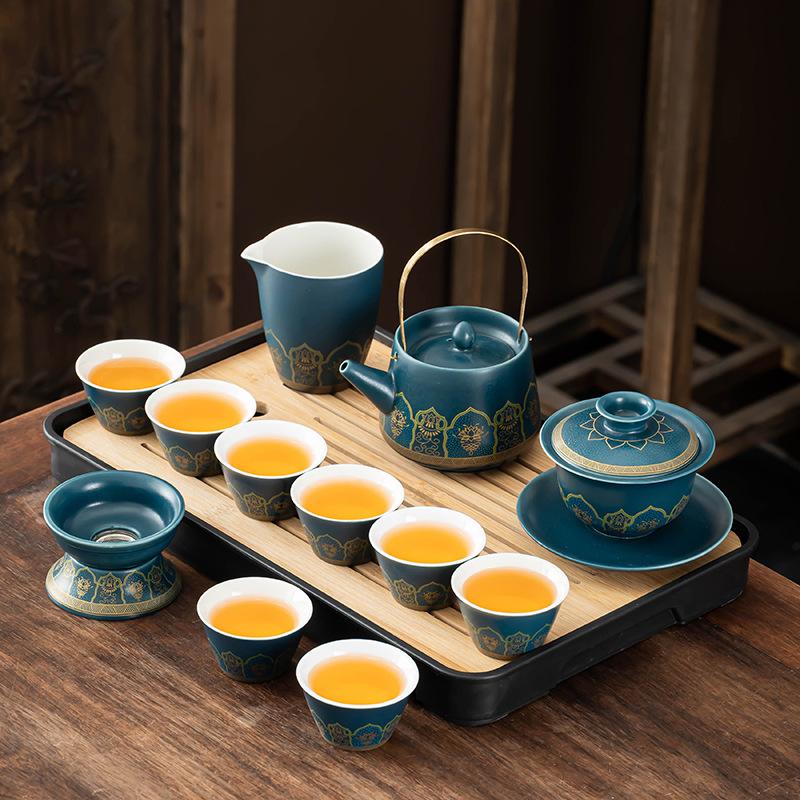 High-end Kung Fu tea set, new Chinese blue ancient rhyme, high-end business gift box, light luxury retro guest making tea, fixed printing