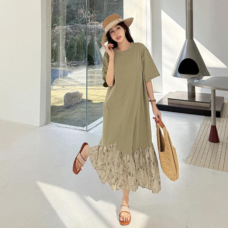 

DIMANAF 2025 Летнее платье больших размеров для женщин Повседневное винтажное длинное платье Свободное базовое хлопковое платье в сплайсинге 3XL зелёный