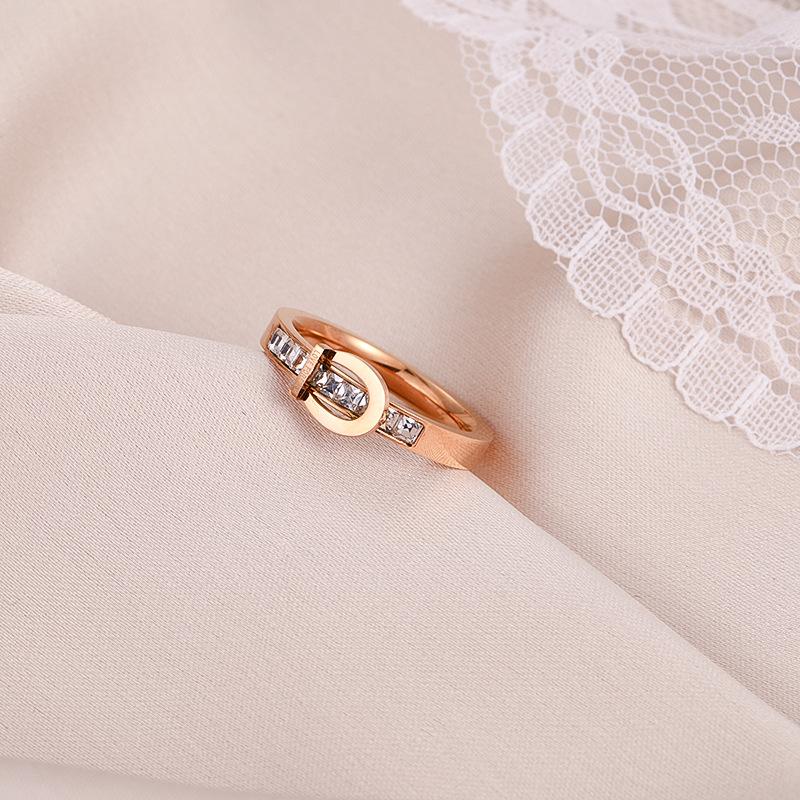 Stainless Steel New Fashion Upscale Rose Gold Color Zircon Belt Buckle Shape Wedding Bride Rings For Women Ladies