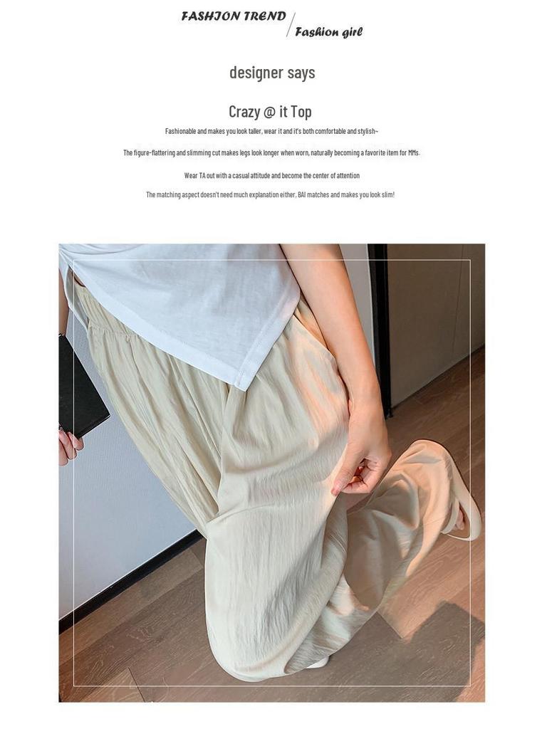 Women's Summer Blue Wide-Leg Ice Silk Pants - Casual Pleated Zen Style