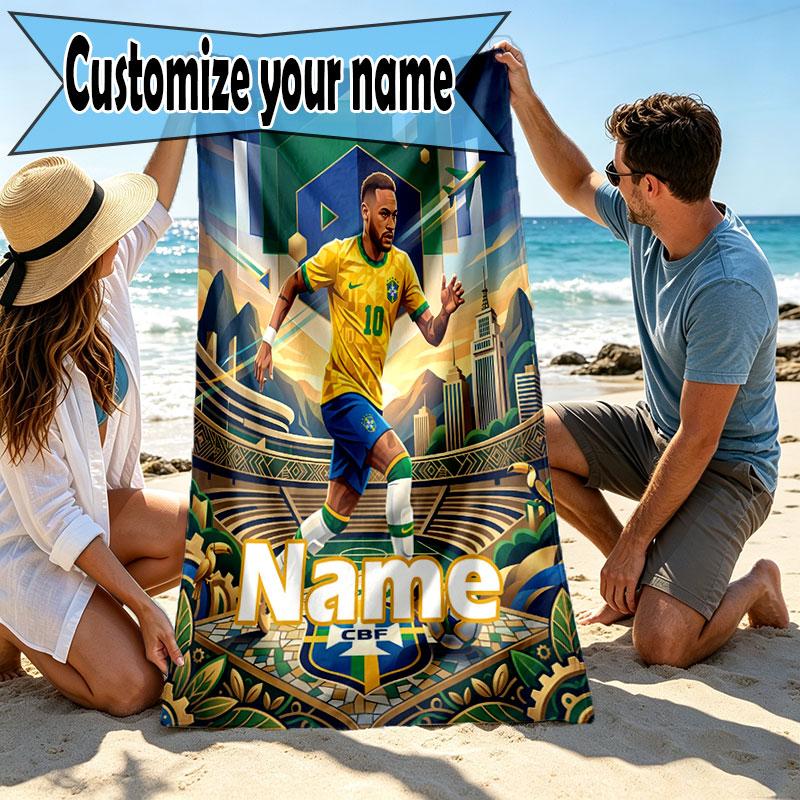 Custom Name Personalized Neymar Jr Print Beach Towel, for Trip Camping Beach Party Home Decor, Birthday Gift for Family & Friends