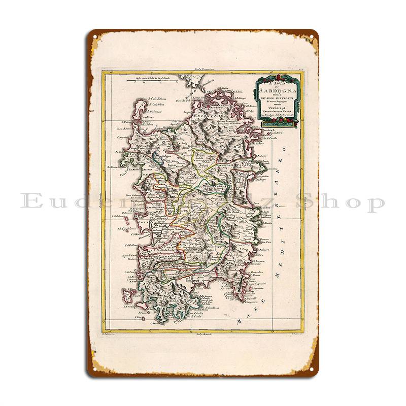 Винтажная карта Сардинии, Италия, 1785 г. Металлическая табличка Дизайнерская настенная Декор для пещеры на стене Клуб Жестяная табличка Постер 20x30cm