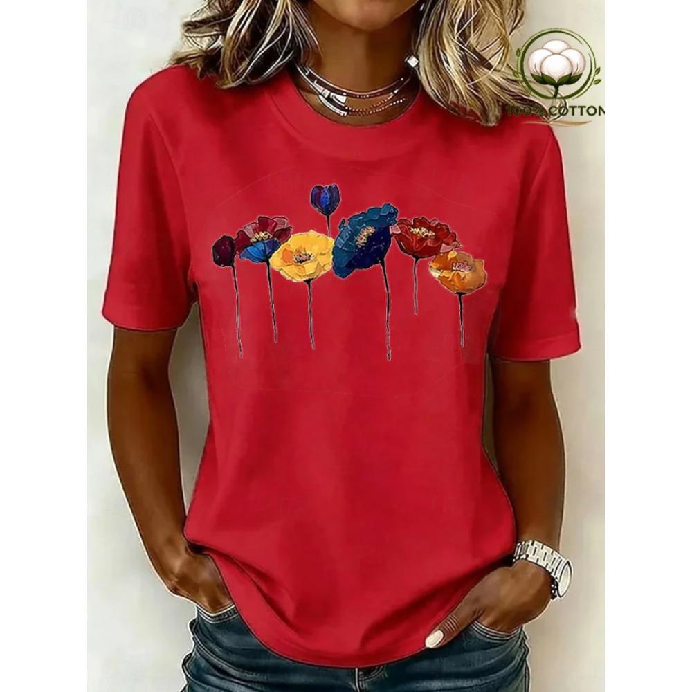 Fashion Women Retro Creative Drip Ink Colored Flower Print T Shirt Funny Casual O-neck Short Sleeves T-shirt Summer Female Tee Shirt