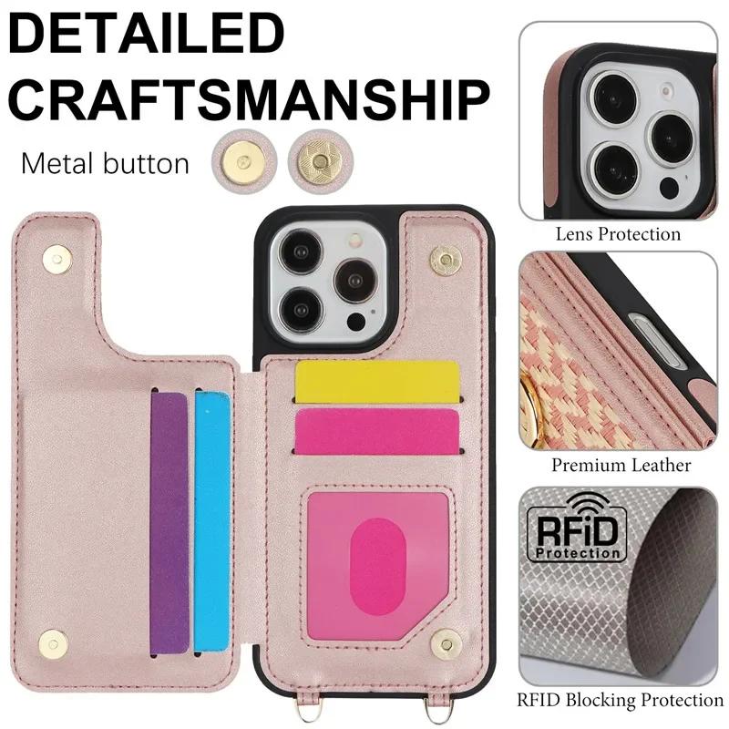 Long Lanyard Leather Wallet Card Slot Phone Case for iPhone 16 Pro Max 15 14 Plus 13 12 11 SE 2026 XS XR X 8 7 Ring Flip Cover