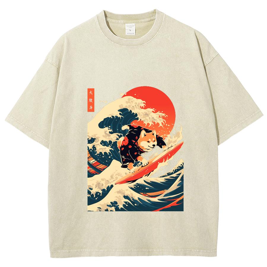 Japanischer Wind Wellen Sonnenuntergang Druck Baumwolle Waschung Denim T-Shirt Übergroß Unisex Halbarm Hohe Qualität Retro Top