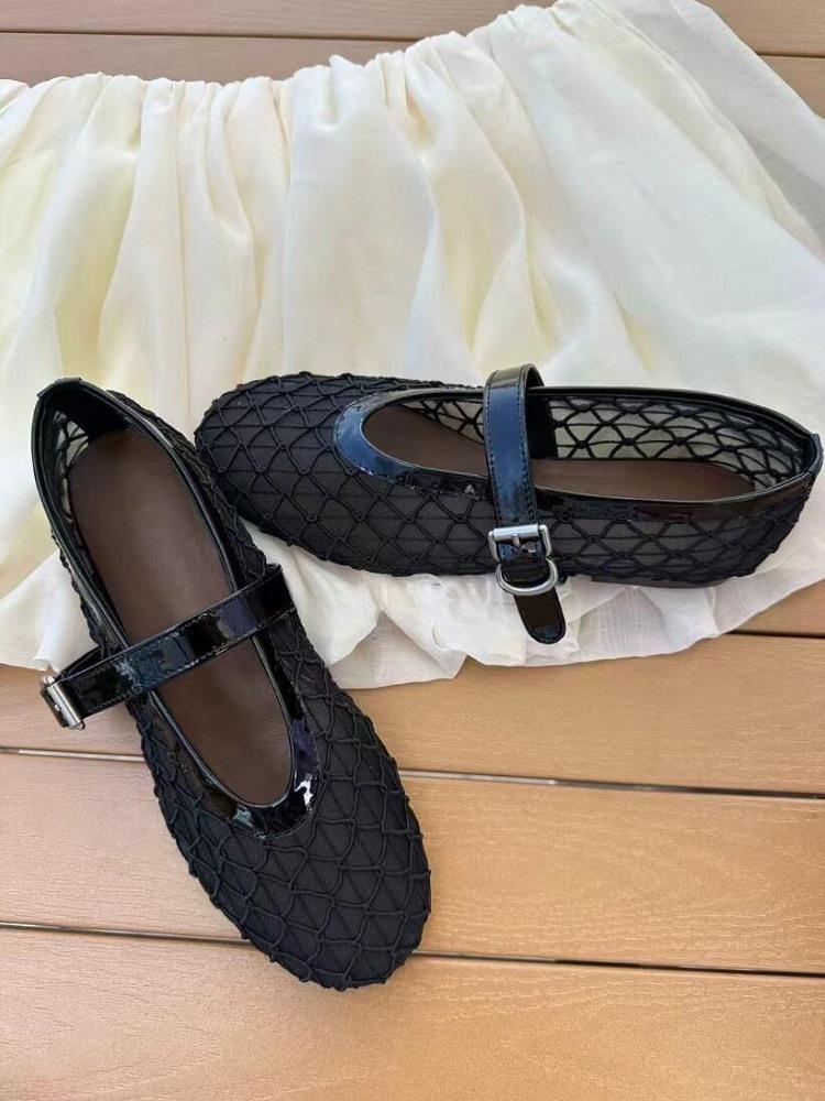 

Sheepskin version~ French mesh hollowed-out sandals breathable shallow mouth flat Mary Jane shoes women s single shoes summer fishing net shoes 40