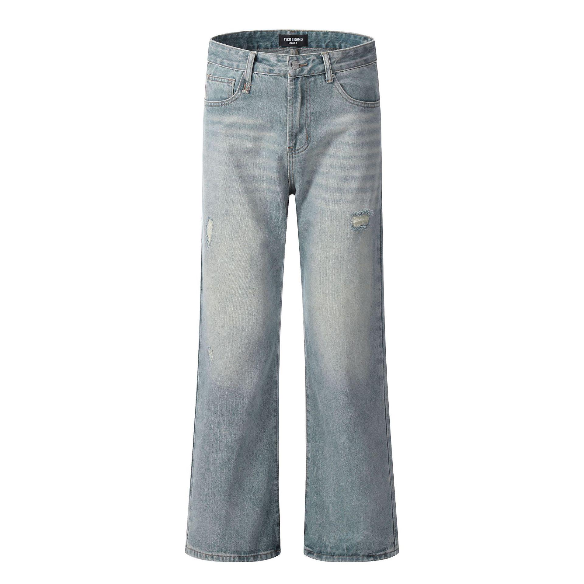 Yongfang Retro Distressed Wide-Leg Jeans - Unisex Street Style Ripped, Floor-Length Pants S