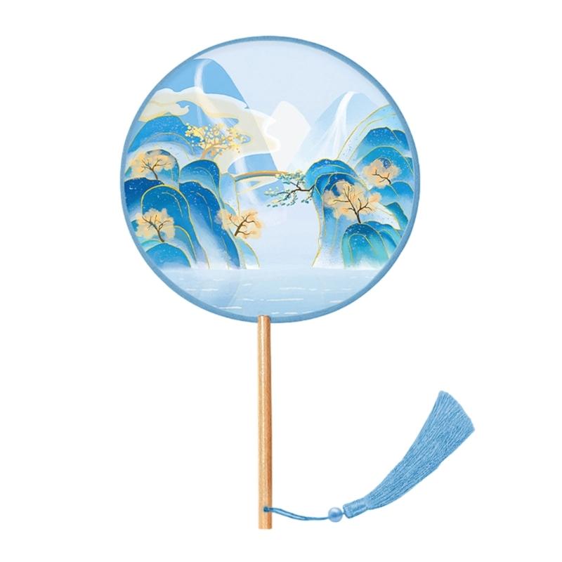 Chinese Fan with Pendant Handhelds Inks Painting Fan Tassels Round Silk Fan