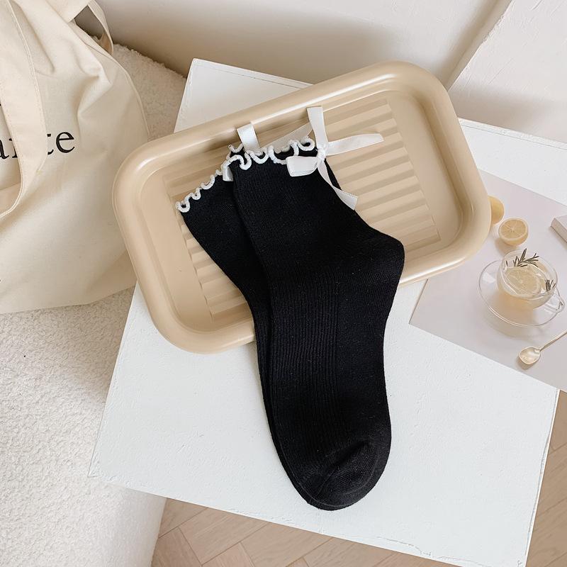 Japanese JK Sweet Bowknot Tied Middle Tube Socks Women Heel Bow Casual Black White Pile Socks Girls Sports Cotton Socks