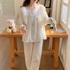Sweet Polka Dot Lace Trim Princess Pajama Set for Women - Long Sleeve