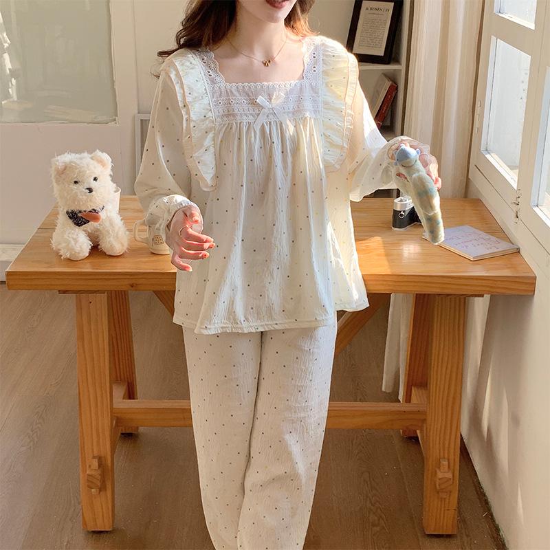 Sweet Polka Dot Lace Trim Princess Pajama Set for Women - Long Sleeve