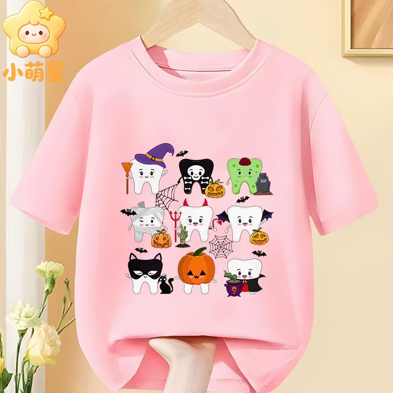 Cotton Kids Halloween T‑Shirt Adorable Ghost Riding Bike Flower Basket Bat Star Holiday Print Short Sleeve O‑Neck Children Tees