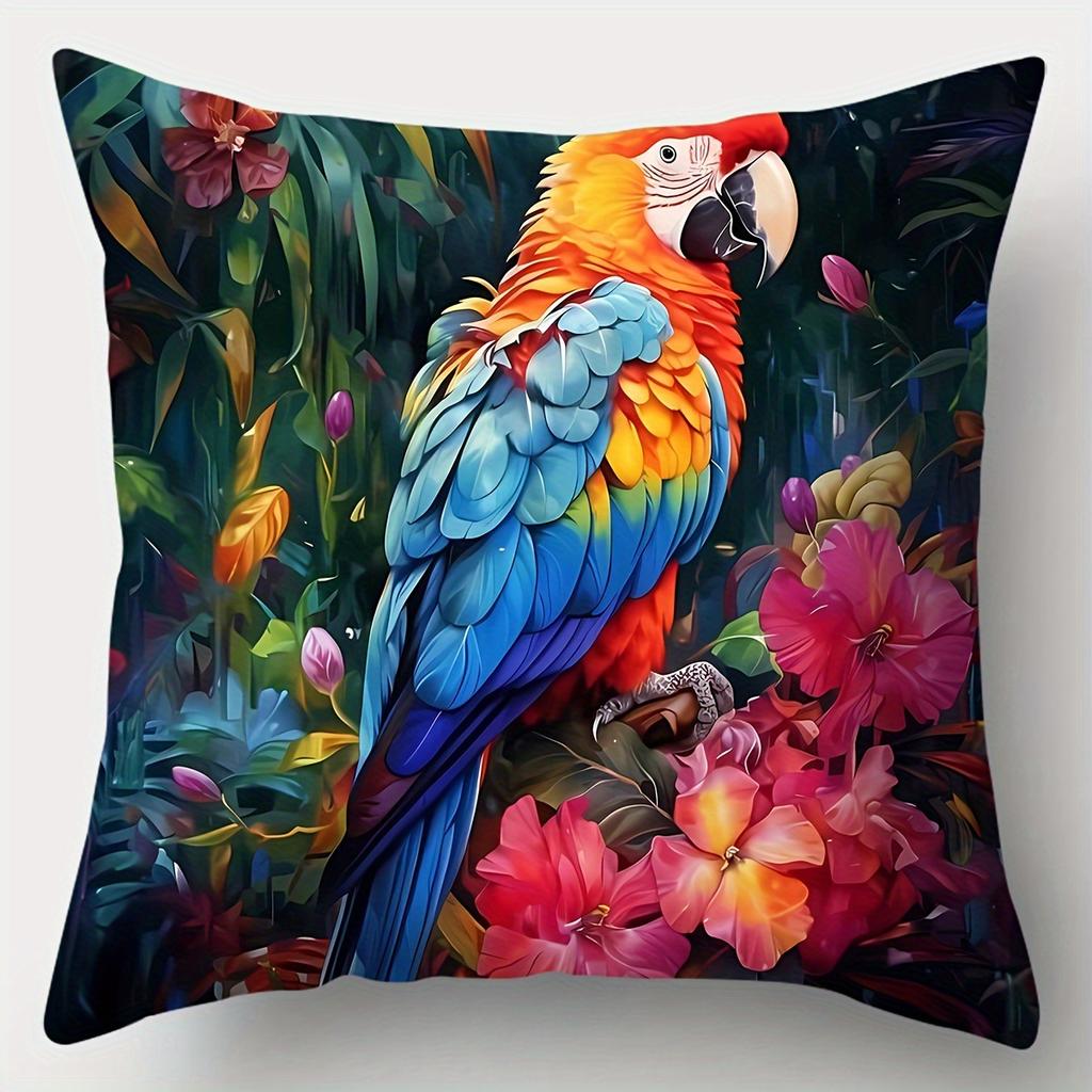 4-piece Colorful Parrot and Floral Print Pillowcase Set, Suitable for Room, Bedroom and Sofa Decoration (insert Not Included)