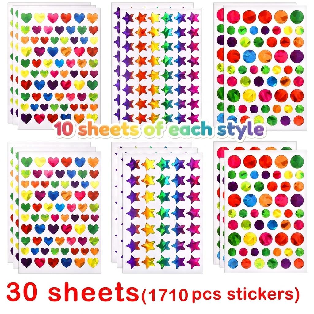 171-1710Pcs Sparkly Holographic Star Heart Round Dot Stickers Glitter Foil Student Reward Behavior Chart Scrapbook Diy Decor De
