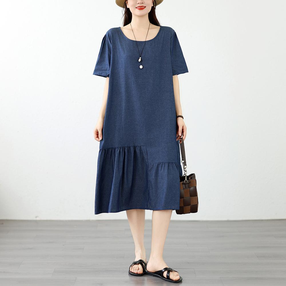 DIMANAF 2026 Plus Size Summer Women Denim Dress Elegant Fashion Lady Sundress Jeans Blue Long Dress Casual Spliced Clothing
