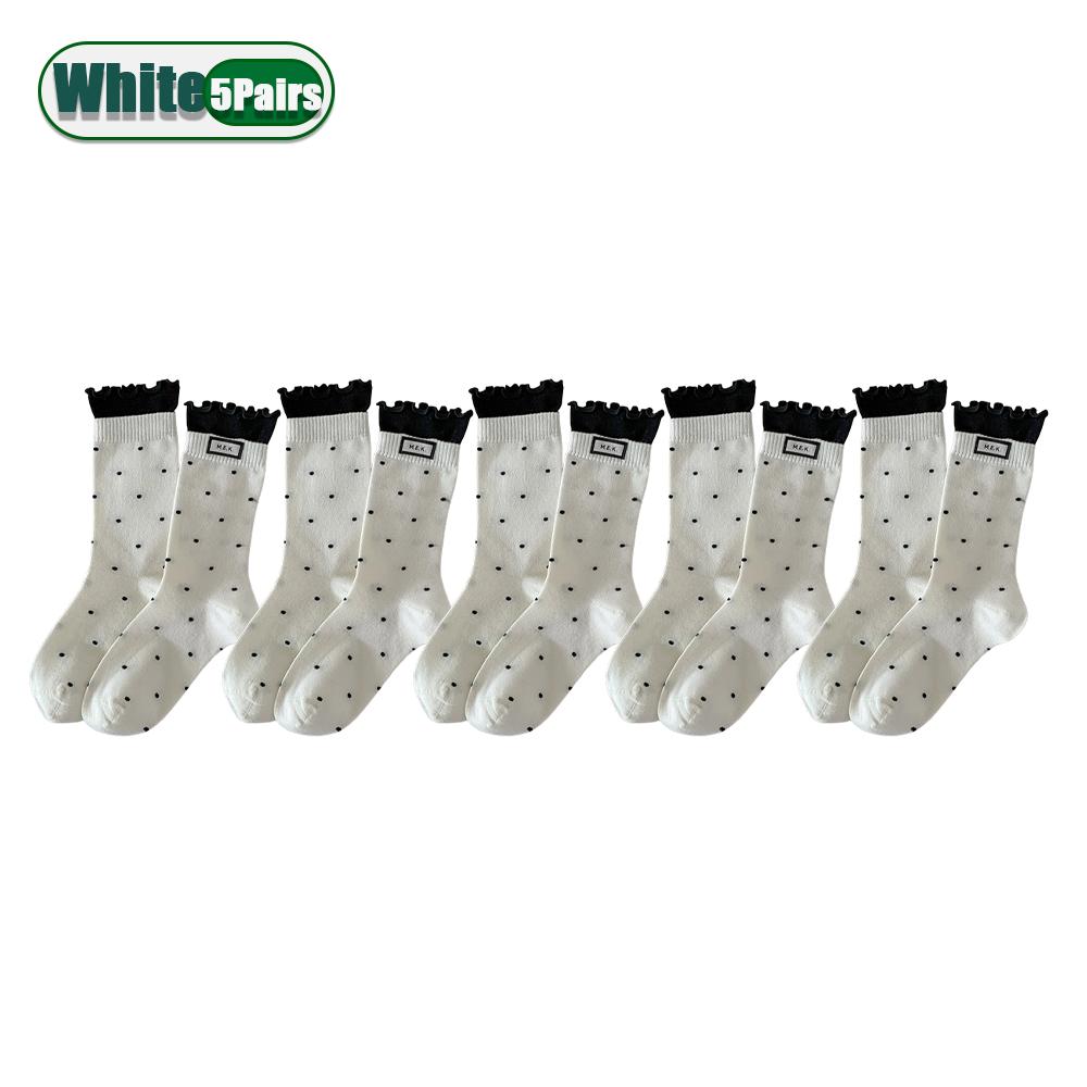 Women Cotton Long Socks Soft Breathable Cute Dots Frilly Edge Retro Preppy Style Comfortable Casual Fashion Socks For Everyday