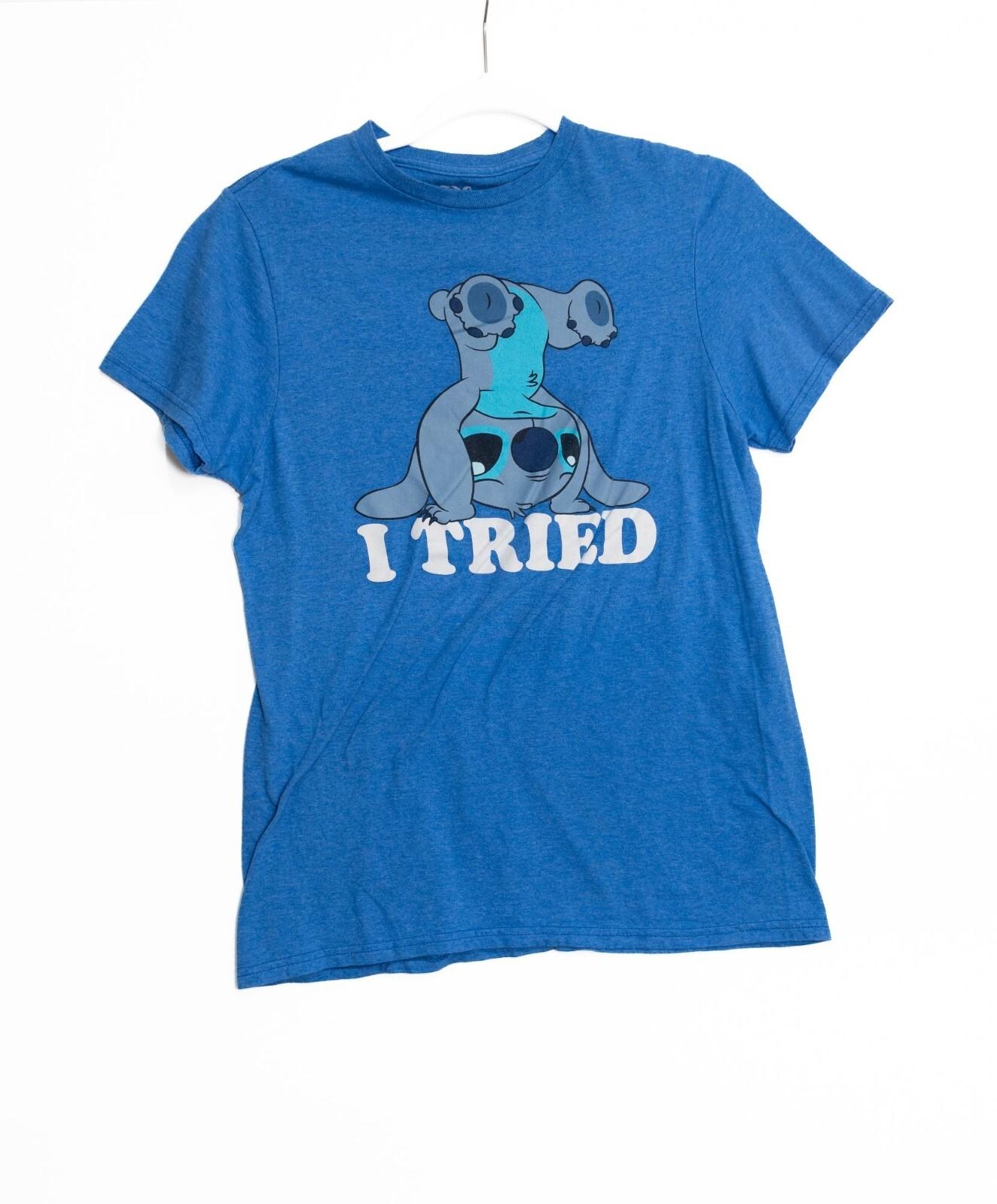 Disney Stitch I Tried Graphic Blue T-Shirt For Adults Size S Cotton Blend Crew XL