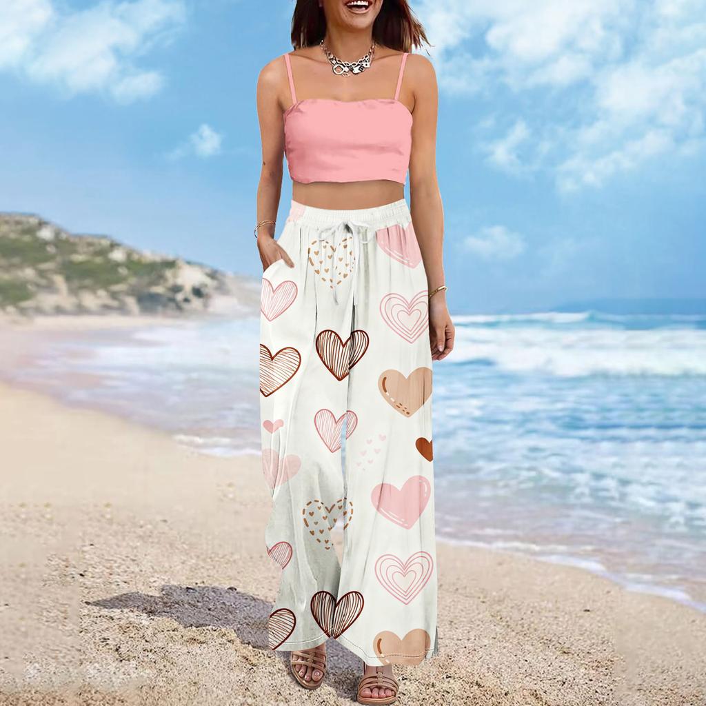 Damen Sommer Boho Palazzo Hose Hohe Taille Weites Bein Druck Freizeithose Mit Taschen