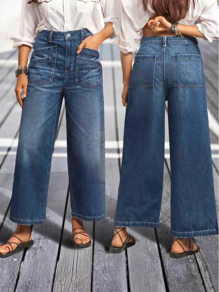Women's Retro Washed Wide-Leg Cropped Jeans with Frayed Hem and Slant Pockets