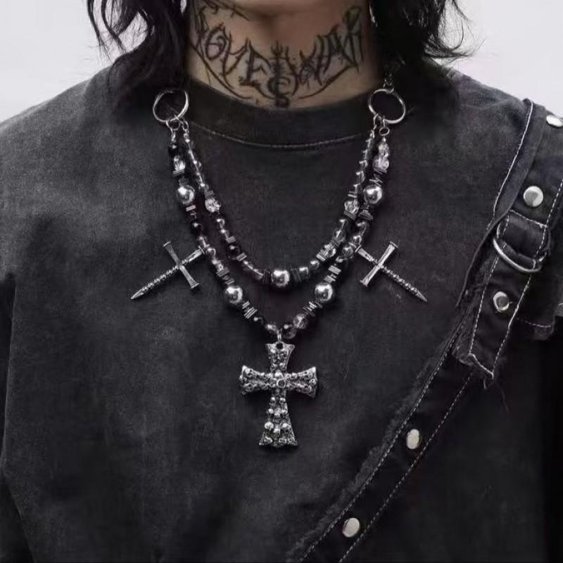 Gothic Punk Skull Cross Pendant Necklace With Rivets Beads Alloy Chain Men Women Dark Style Statement Jewelry Heavy-duty Cross Pendant Necklace