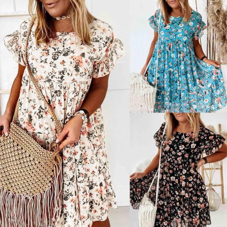 Flowers Print Casual Loose Short Sleeve All-match Women Dress