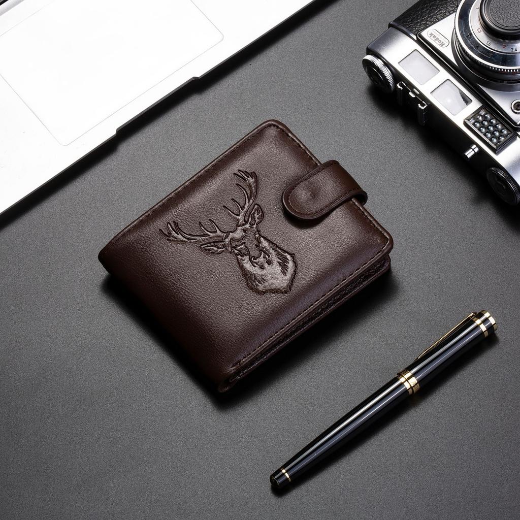 New men's leather wallet multi-card position horizontal wallet durable two-fold snap-button short change bag
