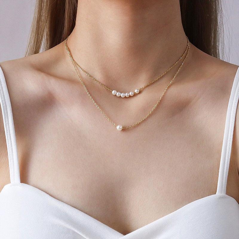 European and American Fashion, Simple Pearl Splicing Chain Necklace, Double-layer Women's Necklace Stacked with Wind Alloy Necklace