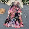 Spring Summer Bohemain Long Dress Women's V-Neck Flare Sleeve Floral Print Single Breasted High Waist A-Line Chiffon Vestidos