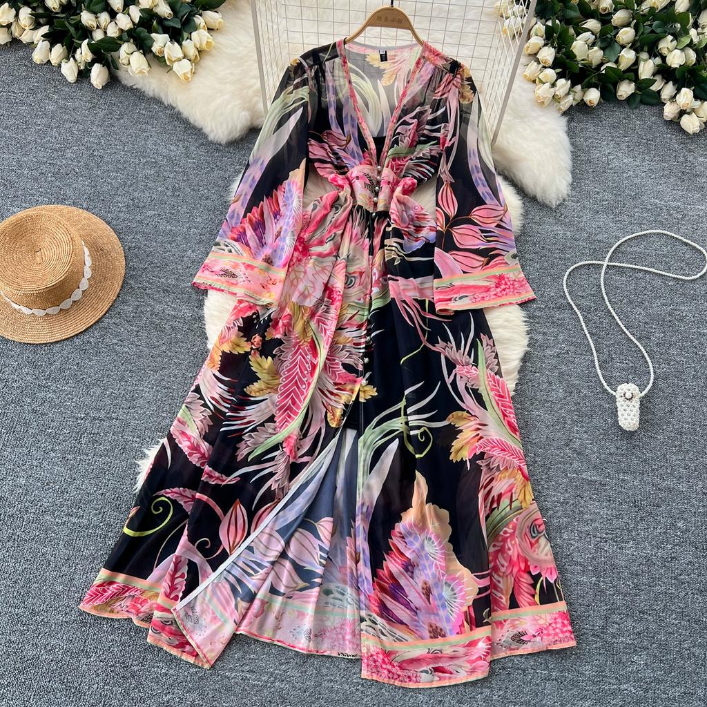 Spring Summer Bohemain Long Dress Women's V-Neck Flare Sleeve Floral Print Single Breasted High Waist A-Line Chiffon Vestidos
