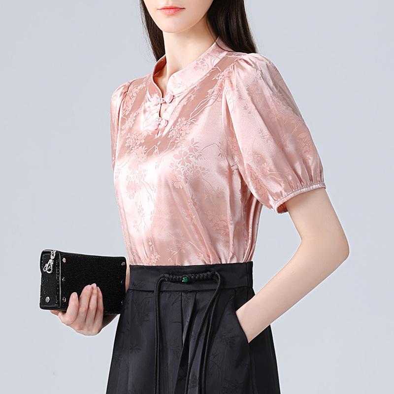 

Жаккардовая рубашка со стоячим воротником для женщин, новая женская рубашка из атласного шифона с пряжкой в стиле ретро, новый топ в китайском стиле 3XL розовый