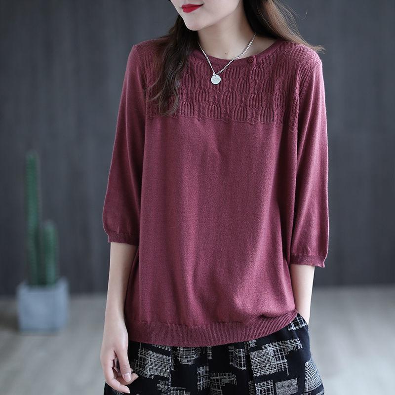 

Винтажная футболка с круглым вырезом, весна/лето, свободная однотонная нить, низ с рукавами 3/4, рубашка, топ 3XL розы красного