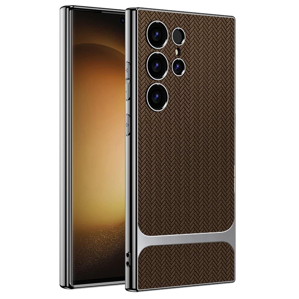 For Samsung Galaxy S23 Ultra Case Woven Pattern Electroplating TPU+PC+PU Phone Back Cover