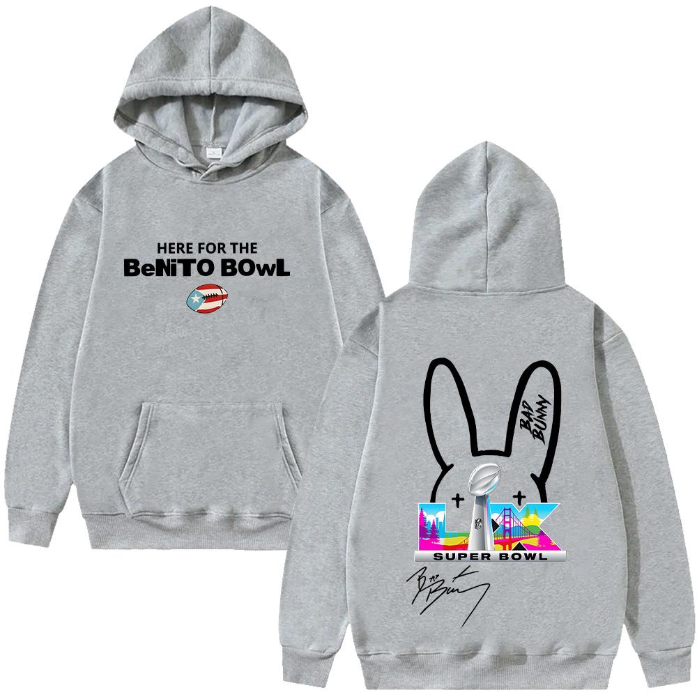 Buy Bad Bunny Super Bowl Hoodies Here For The Benito Bowl Signature Sweatshirts Long Sleeve Street Pullover Fleece Pullover Oversized Y2k Streetwear