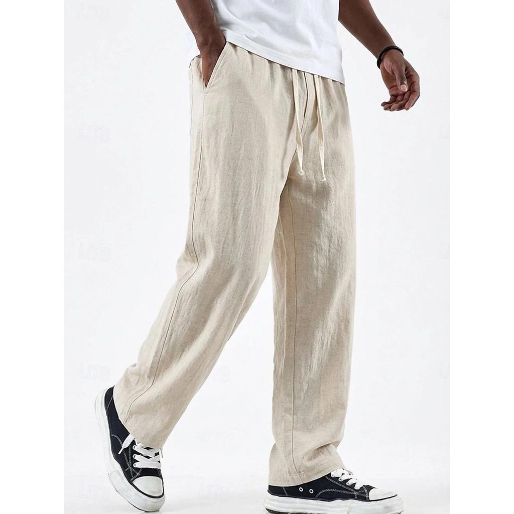 Spring Summer Men's Old Money Style Linen Cotton Loose Straight Wide Leg Trousers Drawstring Casual Pants