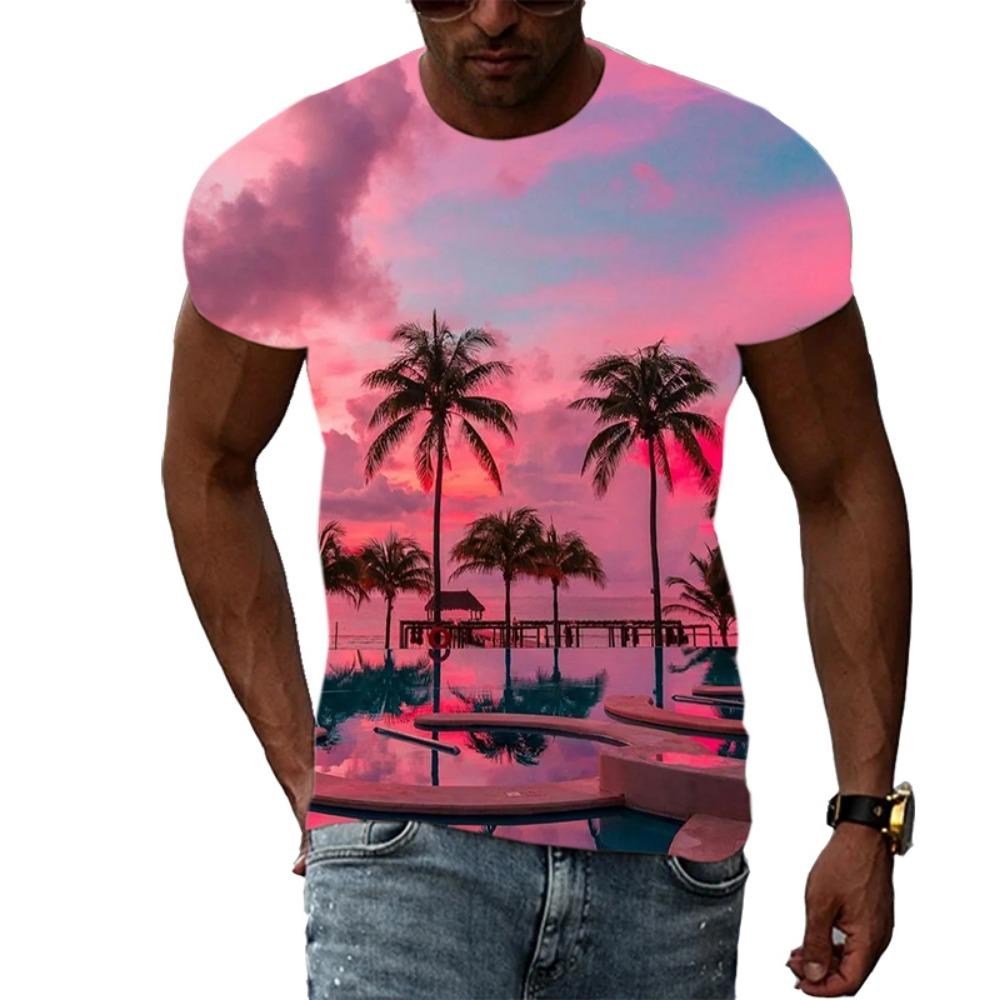 Sommer Herrenmode Persönlichkeit T-Shirt Palme Grafik 3D-Druck Hübsch Lässig Trend Übergröße O-Ausschnitt Kurzarm Top