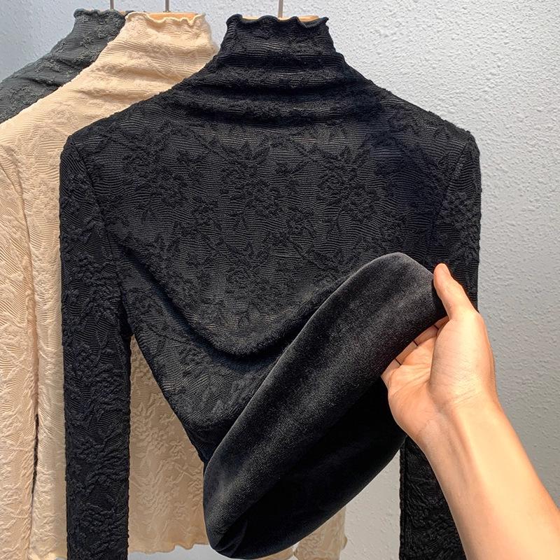 Women's High-Neck Lace Jacquard Base Layer Top - Fleece or Thin-Lined for Autumn & Winter Warmth.