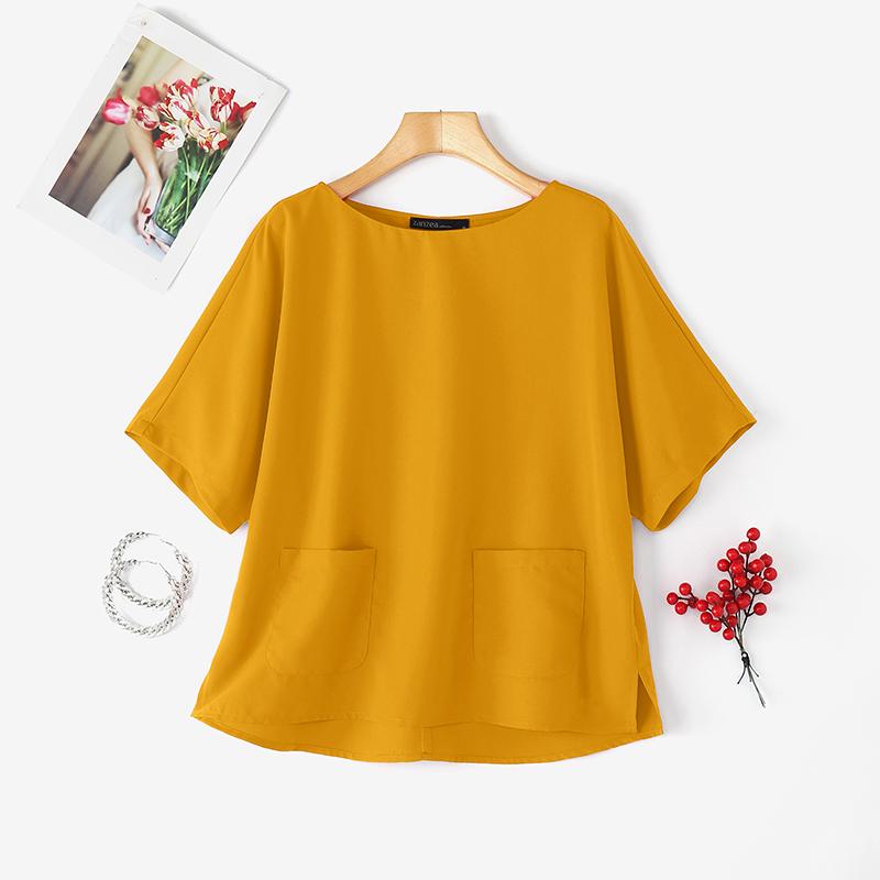 

ZANZEA Женская повседневная блузка с круглым вырезом, свободного кроя, с короткими рукавами, однотонная S жёлтый