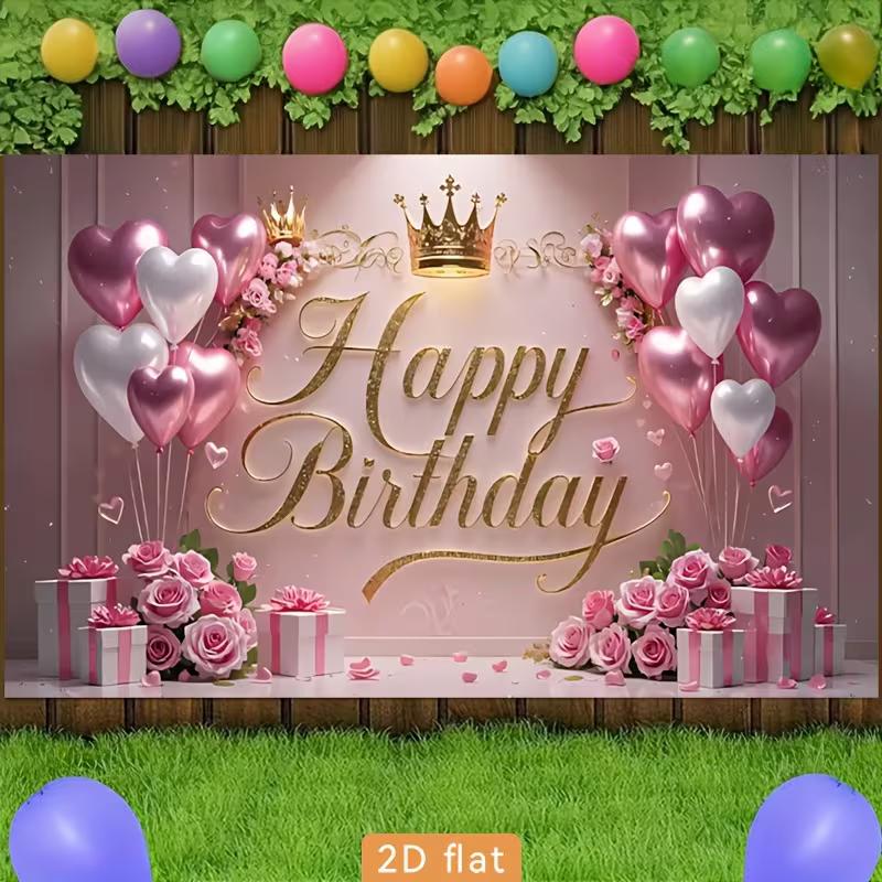 2D Luxury Pink Gold Happy Birthday Backdrop for Princess Themed Party