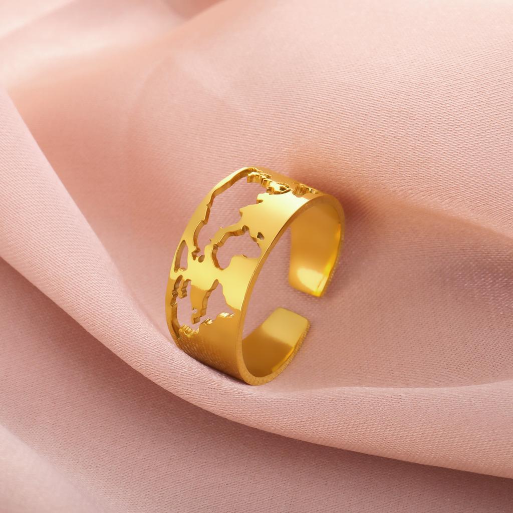 LIKGREAT Stainless Steel Adjustable Finger Ring World Map Hollow Silver Color Opening Ring Jewelry Party Gift for Women Men