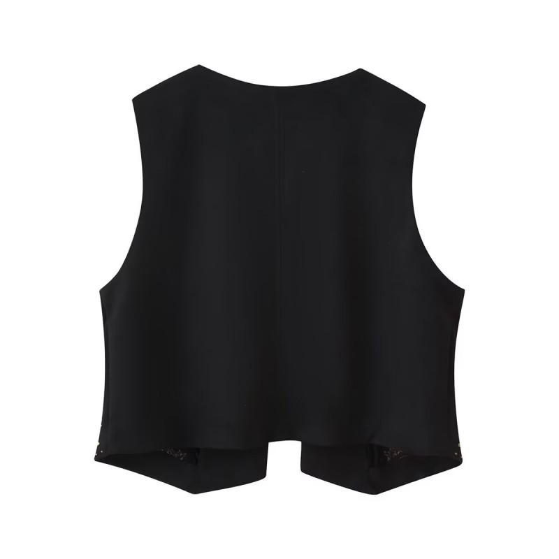 Womens Ethnic Style Mirror Embroidery Vest With Tie Front Loose Fit Short Length Winter